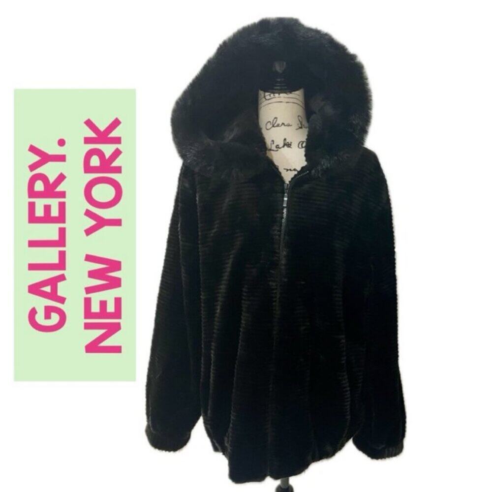 GALLERY NEW‎ YORK COAT HOODED GROOVED FAUX FUR BLACK SZ L WHIMSIGOTH MOB-WIFE